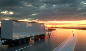 Semi Truck at Sunset On Highway